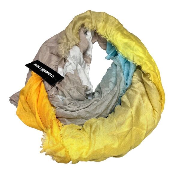 Karl Lagerfeld Paris Scarf Silk Blend Sun Bleached Square Blue Logo Fall Layer - Picture 9 of 12